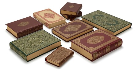 Elegant Collection of Leather Bound Books with Ornate Gold Details
