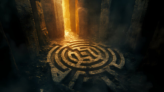 Enigmatic stone maze in dark ambient light with intricate paths. Ancient Forgotten Labyrinth. Illustration