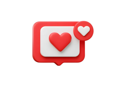 3D social media notification icon with heart symbol. Red, white graphic design. Isolated on white background. Creative design element. Good for apps social media sites. Modern, simple shape. Perfect 