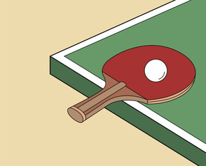 A minimalist illustration of a table tennis paddle with a white ball on a ping-pong table. Vector illustration EPS10.
