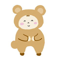 クマの着ぐるみを着た赤ちゃん　手書きのイラスト　クリップアート　png