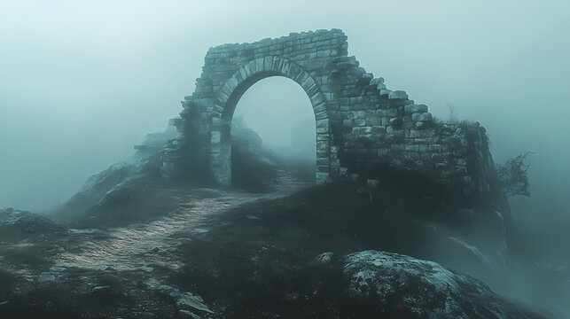Mysterious ancient archway shrouded in fog, evoking a sense of wonder and exploration in a forgotten landscape. Ancient Forgotten Labyrinth. Illustration