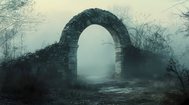 Mysterious ancient archway shrouded in fog, evoking a sense of wonder and exploration in a forgotten landscape. Ancient Forgotten Labyrinth. Illustration