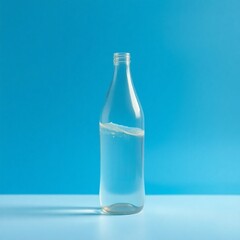 High-resolution stock photo  A minimalist photograph of a single, transparent glass water bottle.  Gentle waves ripple on the water's surface, set against a calm, solid blue background