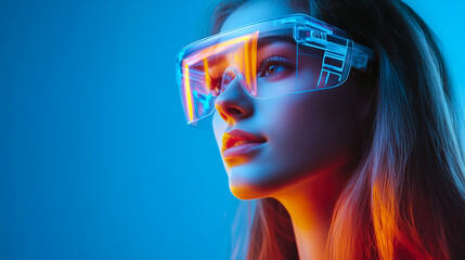 A student woman learns online with futuristic technology. The concept of education, innovation, and digital learning. Generative AI.