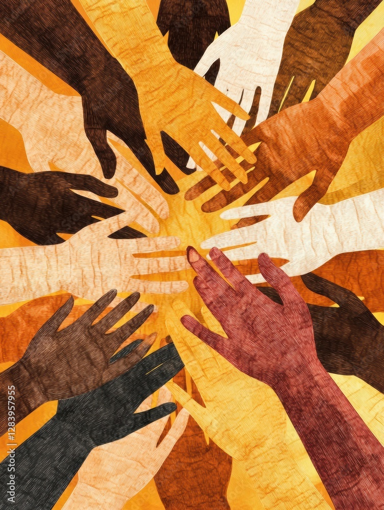 Aufkleber Interconnected hands representing unity and support with diverse skin tones in a vibrant circle of connection. Generative AI