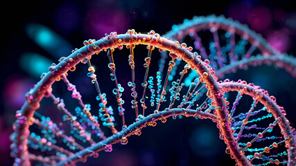 DNA helix illustration. Glowing, colorful DNA spirals floating against a dark background. A vibrant and futuristic representation of genetics and molecular science.