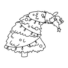 A coloring page with bended Christmas tree and a cute black cat sitting on top of it. black and white kitten playing with xmas ornaments.