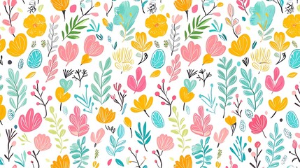 Colorful Floral Pattern Featuring Various Hand-Drawn Flowers, Leaves, and Plants on a White Background