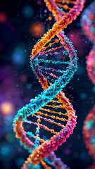 DNA helix illustration. Glowing, colorful DNA spirals floating against a dark background. A vibrant and futuristic representation of genetics and molecular science.