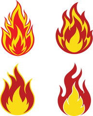 Set of 4 fire flame vector illustration. Red and yellow burning flame for graphic design, logos, icon, posters, and digital projects. Flat fire collection set.