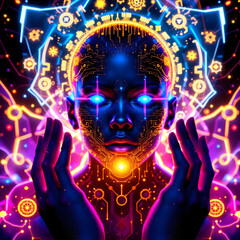 Neon Cyber Deity: Futuristic Spiritual Awakening Art