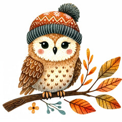 Cute cartoon owl perched on a branch with autumn leaves in a colorful illustration © Kei
