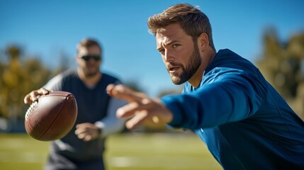 A quarterback working on throwing mechanics with a coach on the sideline. Featuring form and precision
