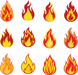 Vector bright burn flame icon set isolated on white background. Hot fire flat clipart vector sings collection. Burning fireball signs.