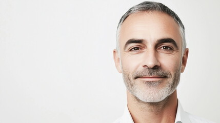 Fototapeta premium Professional portrait of a 50-year-old European man with a smart, confident expression. He looks directly at the camera against a white background. Ample copy space on the right for business use.
