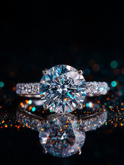 Sparkling Solitaire: A dazzling diamond ring takes center stage, its brilliance intensified against a dark, reflective surface.