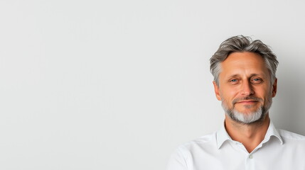 Obraz premium Professional portrait of a 50-year-old European man with a smart, confident expression. He looks directly at the camera against a white background. Ample copy space on the right for business use.