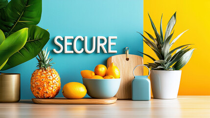 Colorful still life with fruits and plants, featuring the word "SECURE".