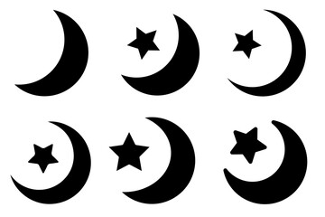 Star and crescent moon flat thin line icon collection.