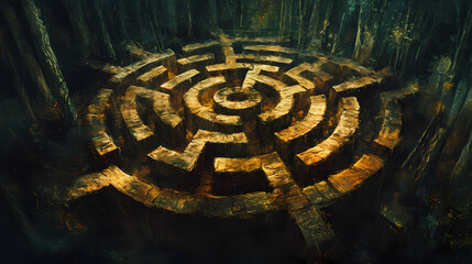 Warped wooden maze: a large, twisting wooden maze with unnatural growths and warped pathways, eerie whispers emanating from within its depths. Ancient Forgotten Labyrinth. Illustration