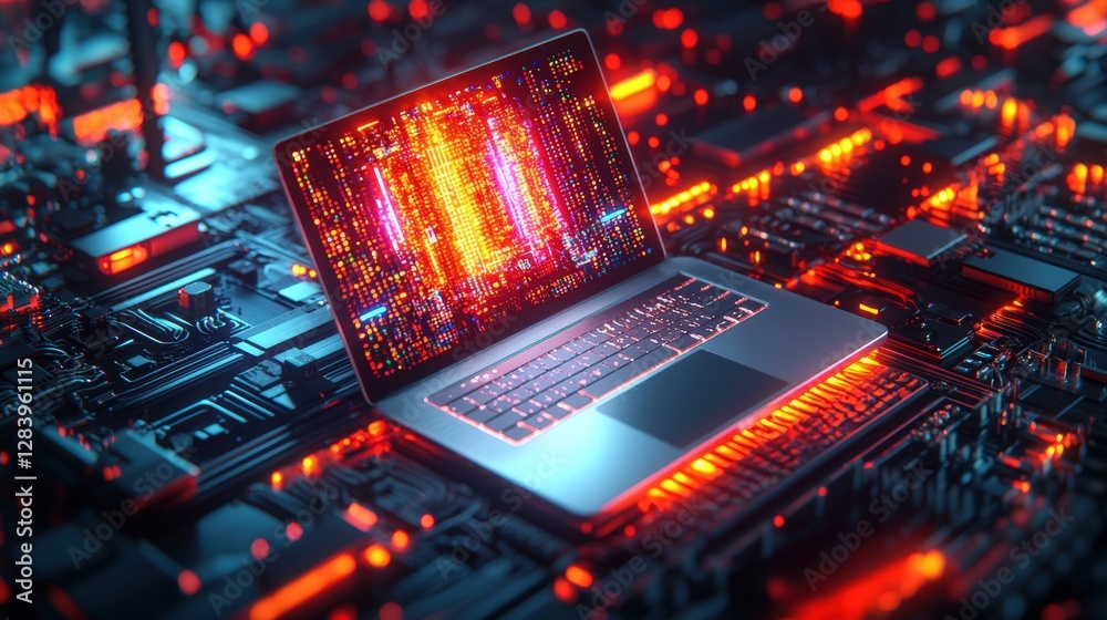 Poster modern laptop computer displaying a sleek design and advanced features for productivity and work