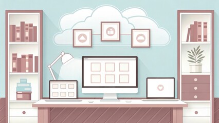 cloud based file storage Stylish home office with modern furniture, bookshelves, and a computer setup against a soft blue background.