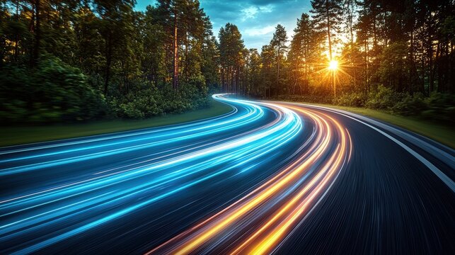 Long exposure photograph of a road capturing light trails creating a dynamic sense of motion