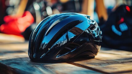 Fototapeta premium Aerodynamic racing helmet in a glossy finish, lying on a rustic wooden table with blurred cycling gear nearby.