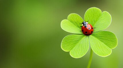 A close-up of a ladybug on a four-leaf clover, symbolizing luck and family unity, ideal for St. Patrick's Day celebration and festive good fortune.
