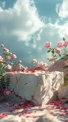 Elegant product display stand with rose petals and blue sky background, AI generative