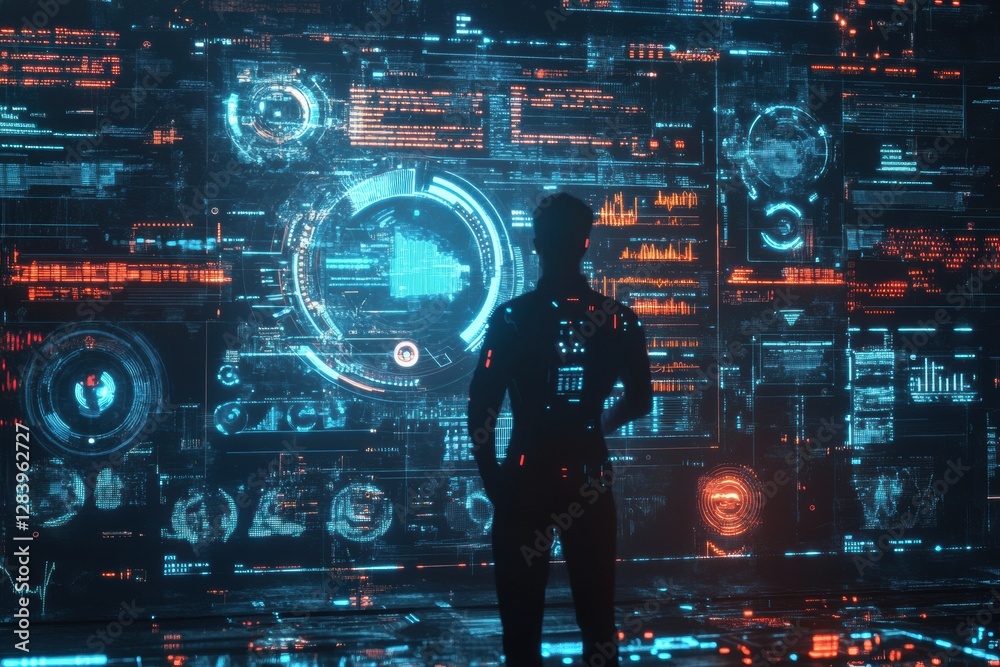 Leinwandbilder human silhouette surrounded by advanced ai data visualizations and analytical charts in a futuristic