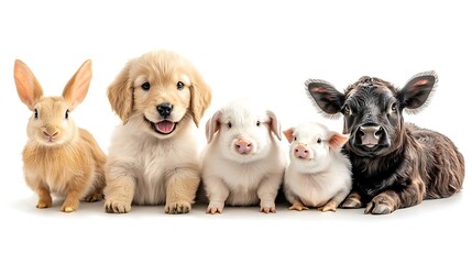 Obraz premium Adorable animals posing together on a white background including a rabbit, puppy, piglets, and a calf