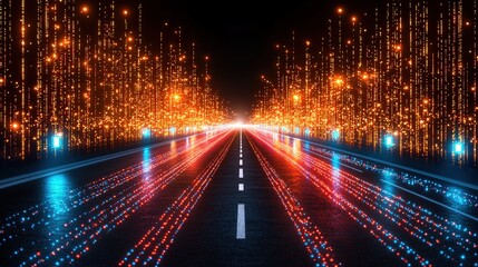 Lively city street illuminated by bright lights creating a vibrant and energetic night scene