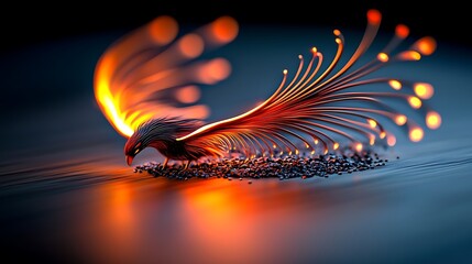 Illuminated phoenix rising from glowing embers, surrounded by a dark, ethereal background