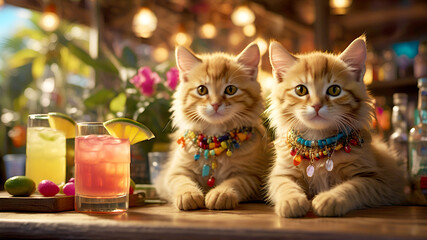 Beach Bar Kitties. Cute little kitties at a tropical beach bar, playing among colorful cocktails. Fun, vibrant, and summery digital illustration.