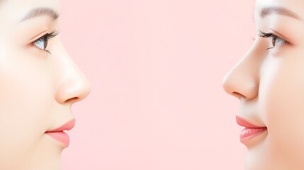 Obraz premium Two diverse women face each other with soft expressions, highlighting beauty and connection against a pastel background