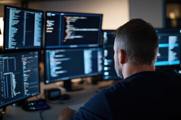 A dedicated data analyst is focused on interpreting complex data displayed on multiple screens, demonstrating the crucial role of technology in modern analysis.