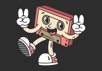 Tape cassette mascot character in happy expression, hands forming peace symbol. in pink colors