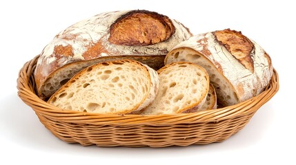 Freshly Baked Artisan Bread Loaves and Slices in a Rustic Woven Basket