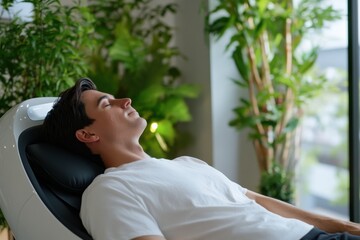 A young man peacefully reclines in a high-tech chair, immersed in relaxation, demonstrating the fusion of technology and wellness in a serene indoor environment.