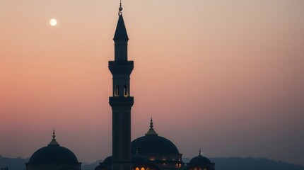 Fototapeta premium Silhouette of a majestic mosque at sunset, symbolizing peace and spirituality. Perfect for Ramadan, Eid, and other Islamic celebrations