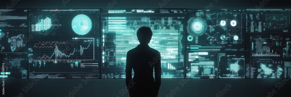 Fototapete Human silhouette analyzes complex AI data visualizations and graphs in a futuristic setting. Generative AI