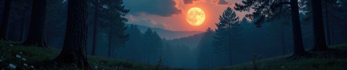 Dark forest awakens to supermoon's gentle beam, shadowy, forest, supermoon
