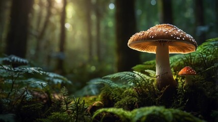 Fototapeta premium Mushroom Wallpaper ,Fantasy Wallpaper, Mushroom Light, Fantasy Mushroom, Jungle, Forest Mushroom, Jungle Background, fantasy.