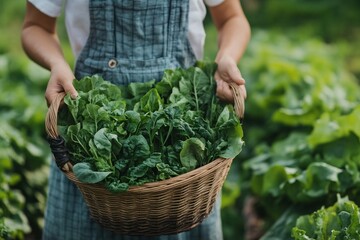 A standing woman holds a basket full of fresh lettuce. Plants on the background. Harvest scene for organic food, farming, and healthy eating themes