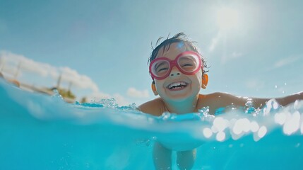 Joyful Child Splashing in a Swimming Pool on a Sunny Summer Day