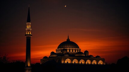 A stunning sunset mosque silhouette, representing Islamic culture and devotion. Perfect for religious events such as Eid and Ramadan.