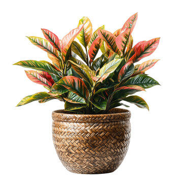 Colorful Crotons indoor plant in a woven basket, showcasing vibrant foliage and decorative appeal. isolated on white background and transparent background