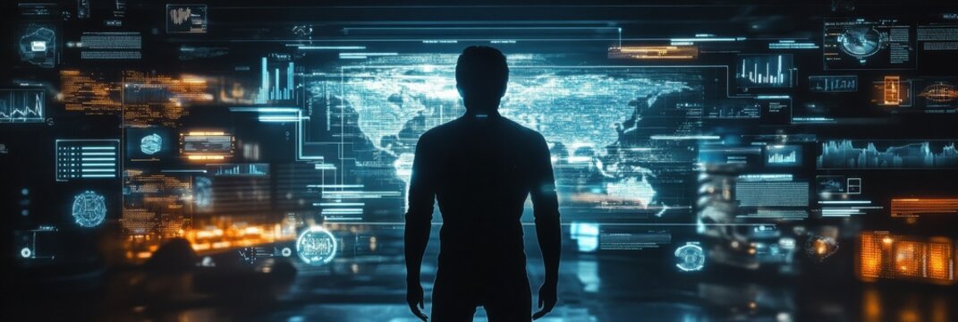 Human silhouette immersed in advanced AI data visualizations with analytical charts in a futuristic environment. Generative AI
